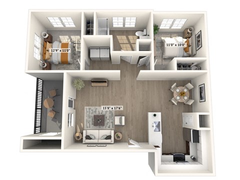 Floor plan for 2 beds, 1 bath, 890 sqft